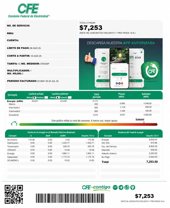 Recibo CFE antes de paneles solares — $7,253