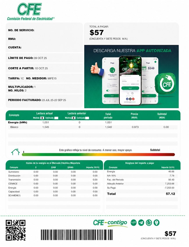 Recibo CFE después de paneles solares — $57